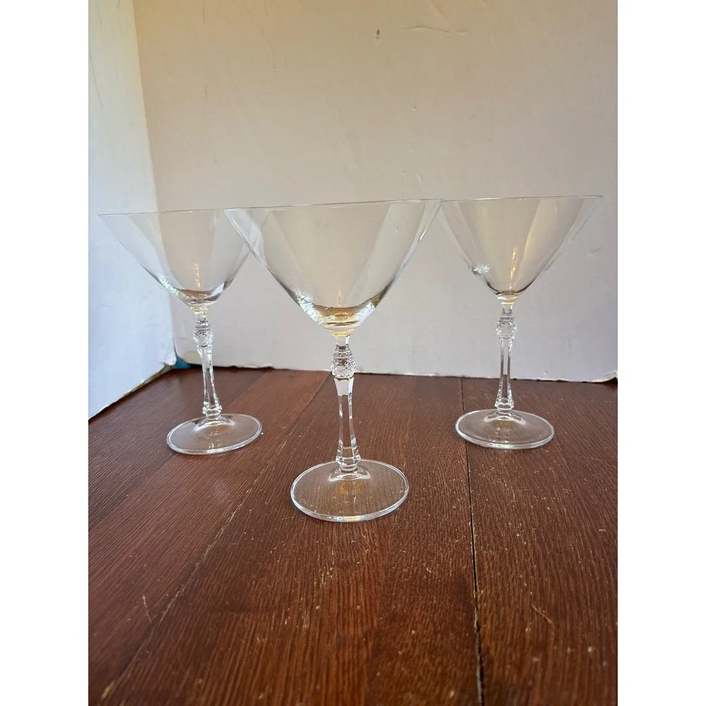 Set of 3 Vintage Clear Martini Glasses Faceted Stem Diamond Cut Detail 7.25in